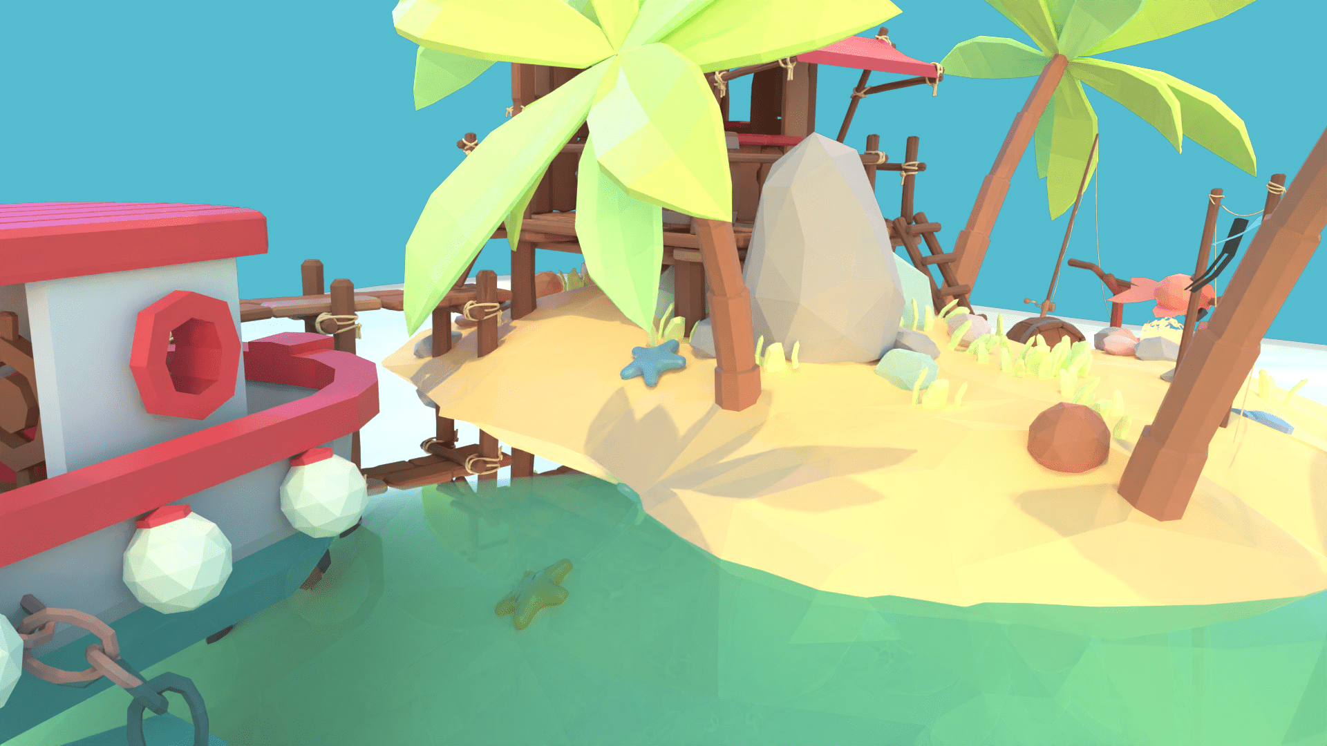 Diorama détail île et palmiers low poly