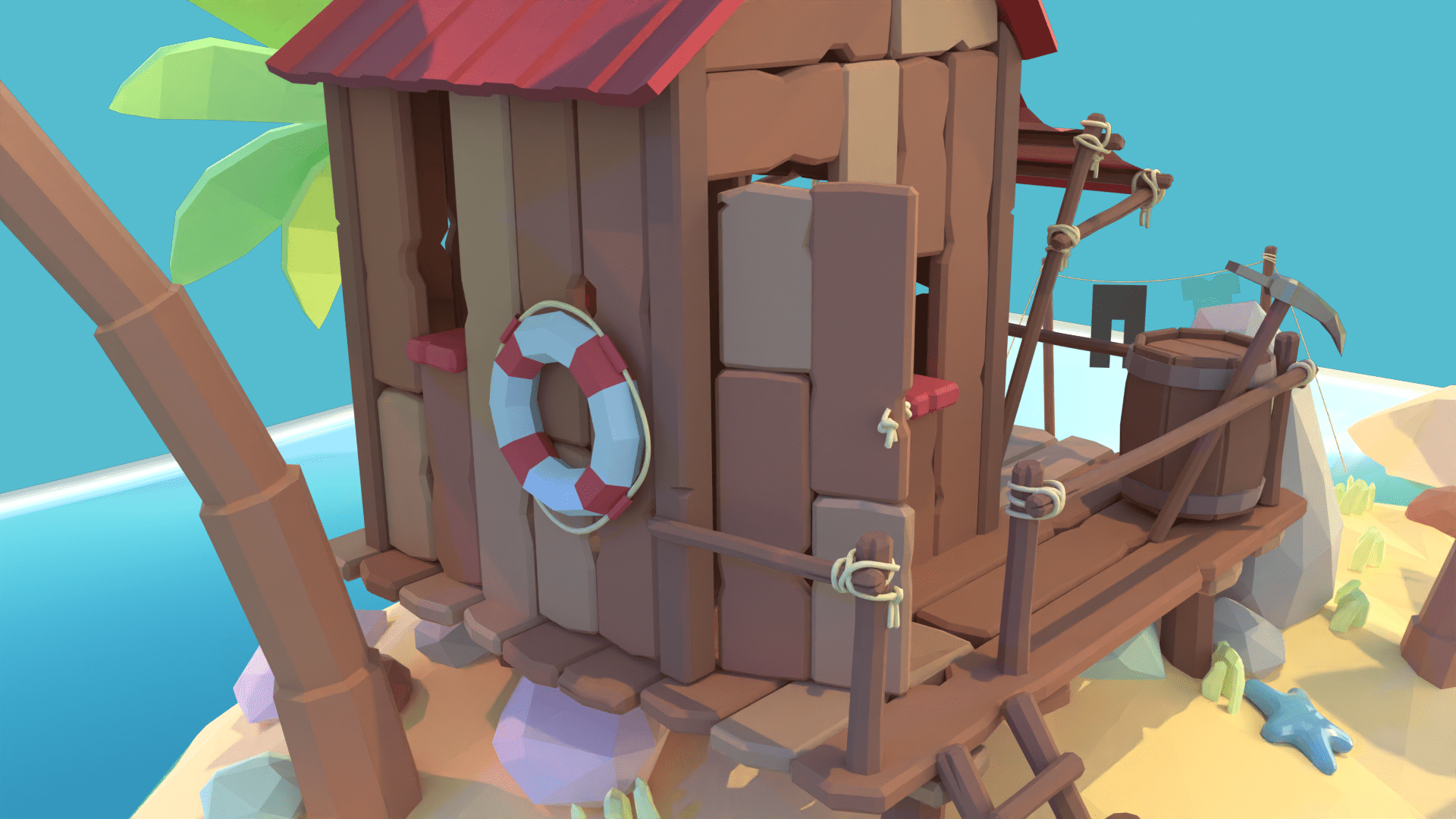 Diorama détail bicoque et bouée low poly